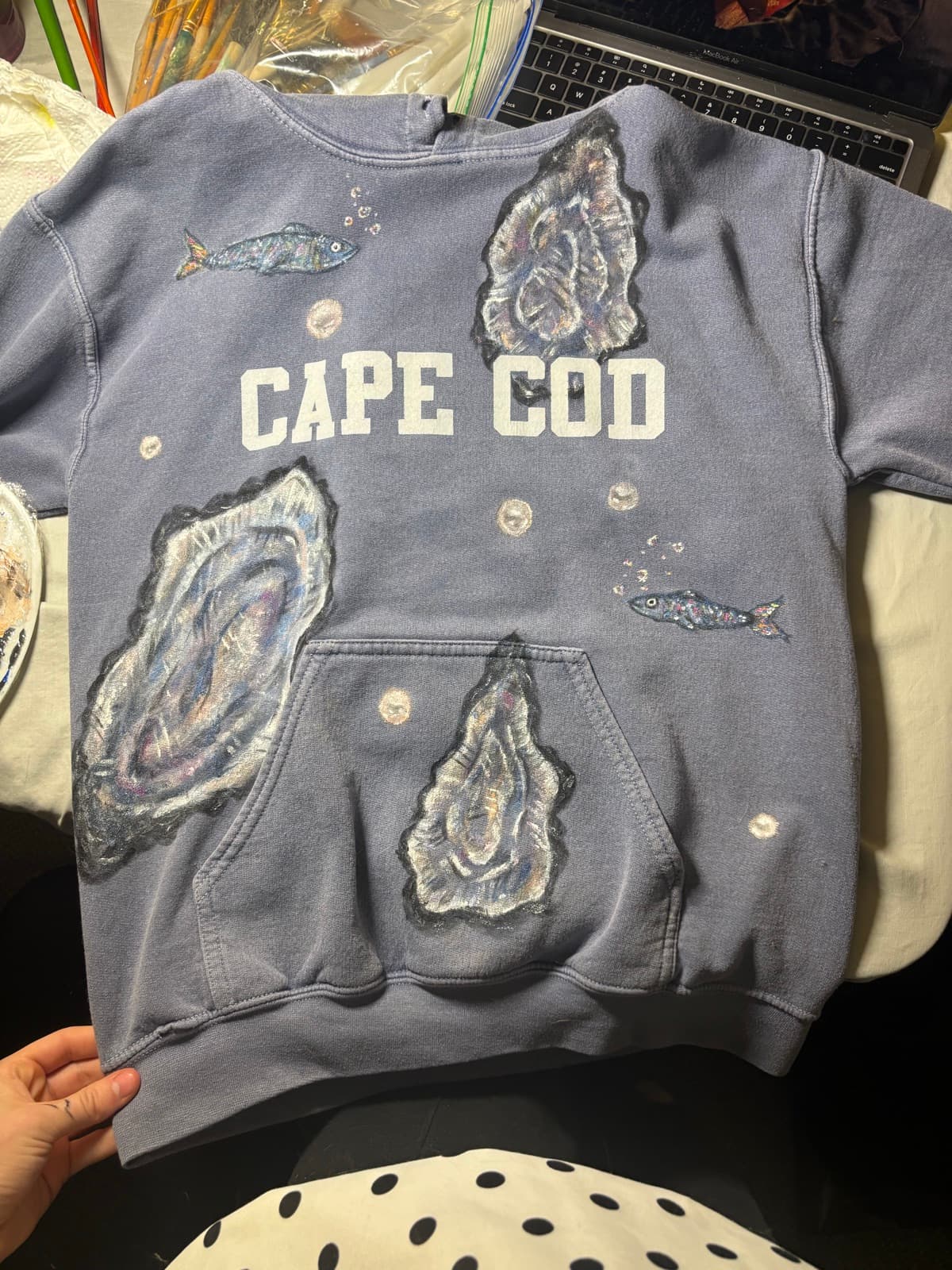 Hand-painted Cape Cod pearls design, front view, on a custom sweatshirt by Madeleine MacNutt